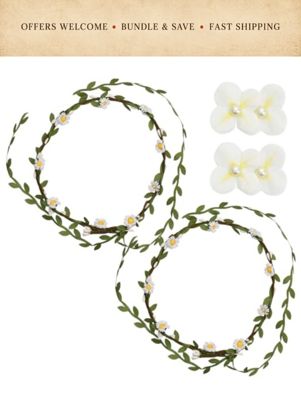 Floral Wreath Headbands & Duckbill Clips Set Bridal Wedding Hair Accessories